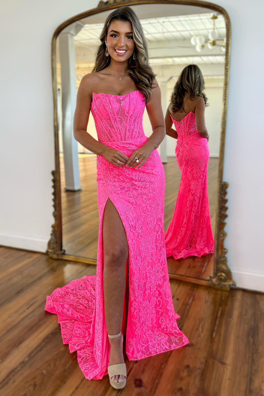 Long Strapless Mermaid Prom Dress in Hot Pink with Lace Corset and Slit