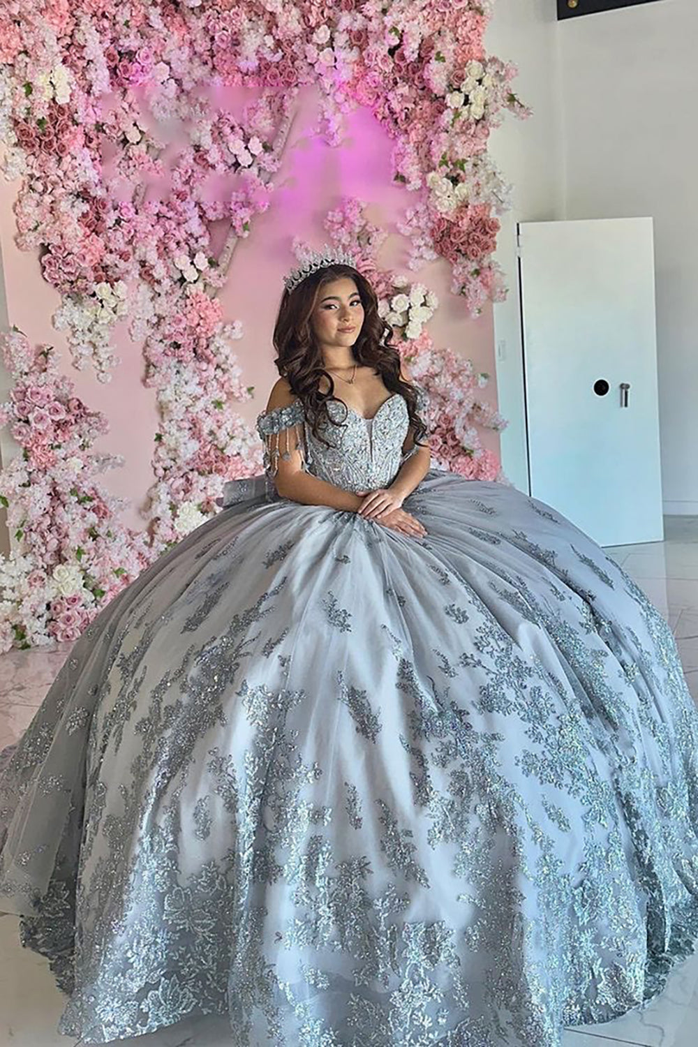Princess Off-the-Shoulder Quinceanera Dress in Silver Grey with Tulle Applique and Beading