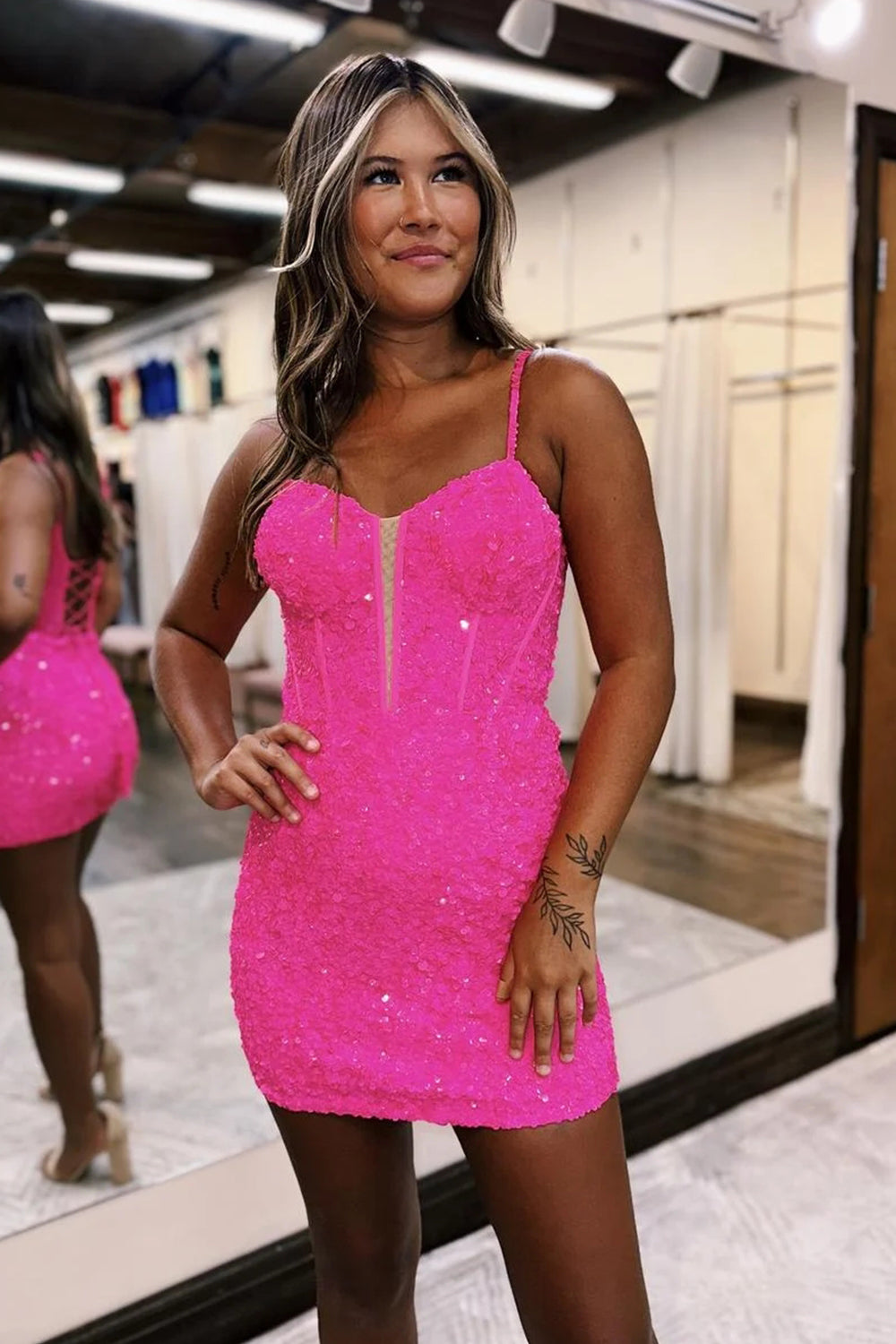 Sparkly Fuchsia Sequins Corset Tight Short Homecoming Dress/Mini Dress