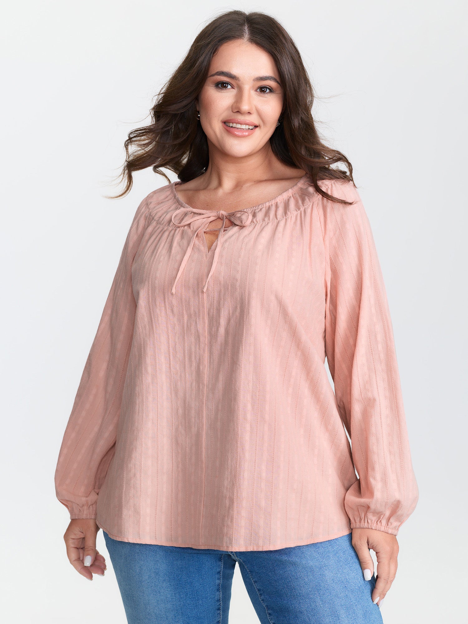Pure Cotton Jacquard Neck-Tie Blouse