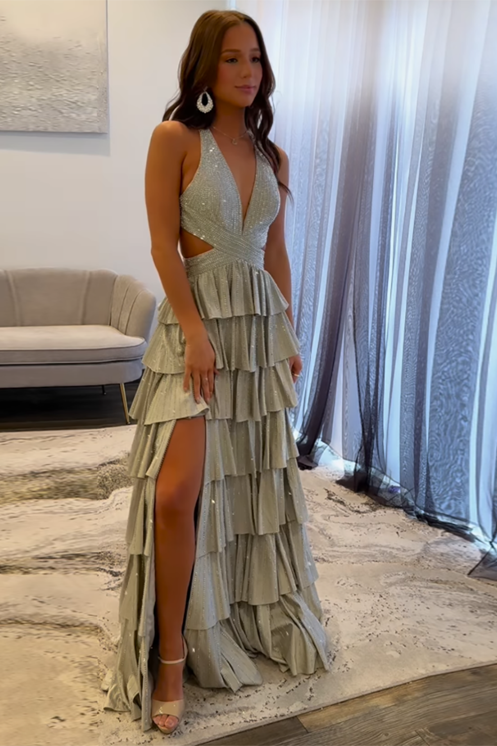 Grey Sparkle Corset A-Line Beaded Prom Gown with Tiered Skirt and Slit