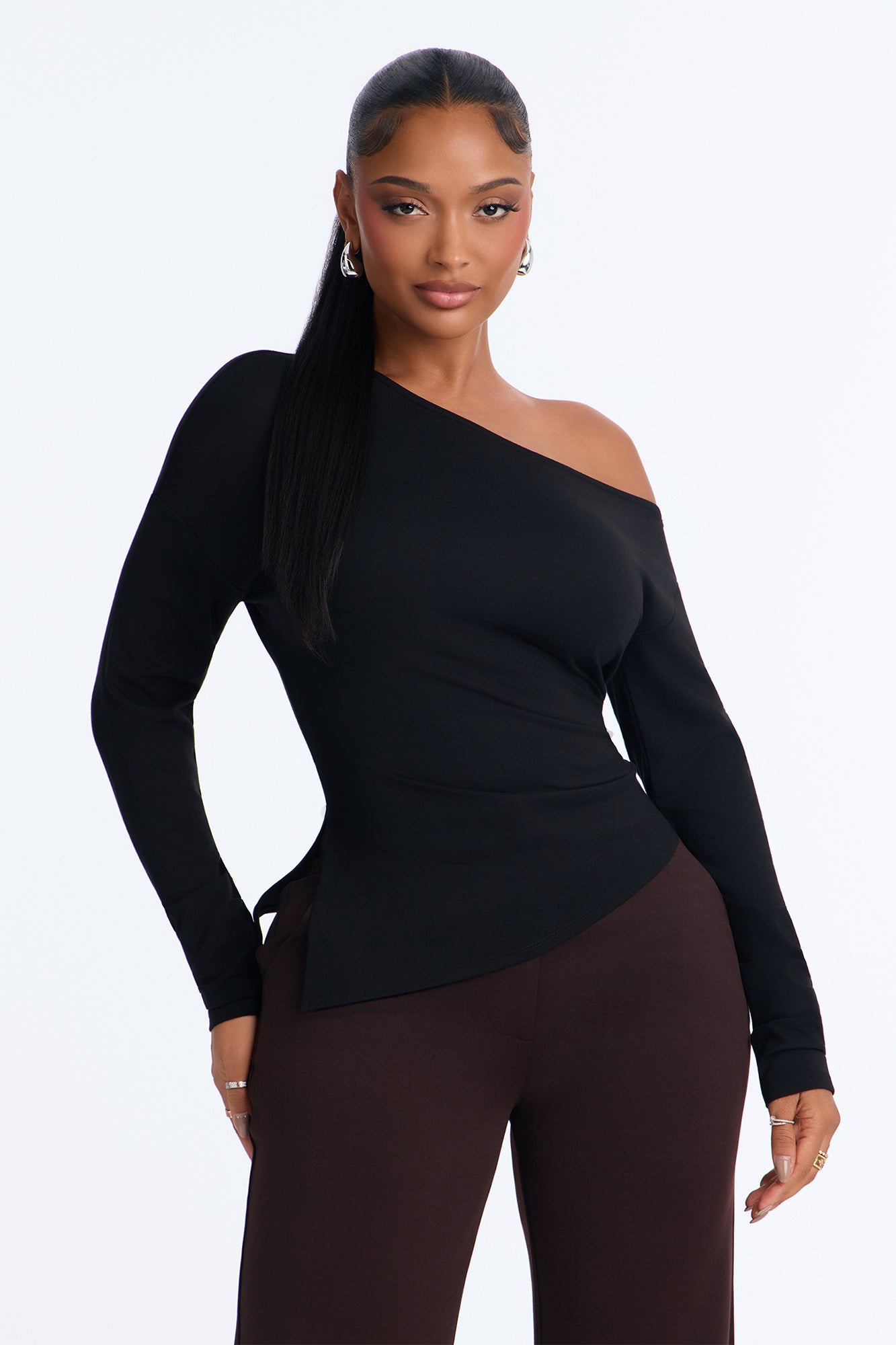Stella Off Shoulder Asymmetrical Long Sleeve Top - Black