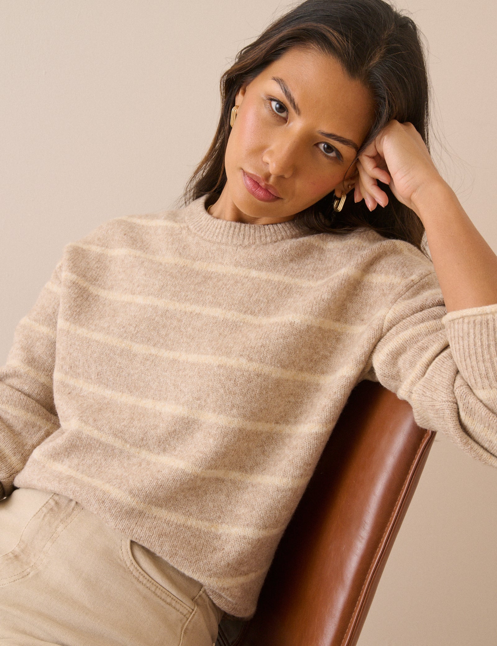 Beige and Cream Striped Crew Neck Jumper