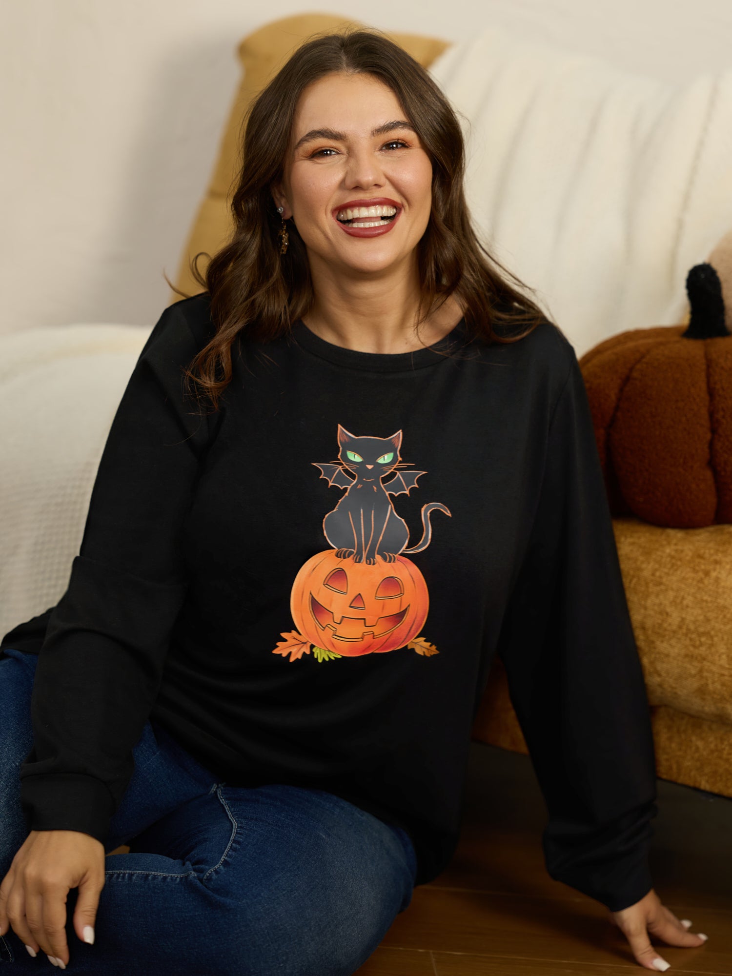 Halloween Cat Pumpkin Print Crew Neck Sweatshirt