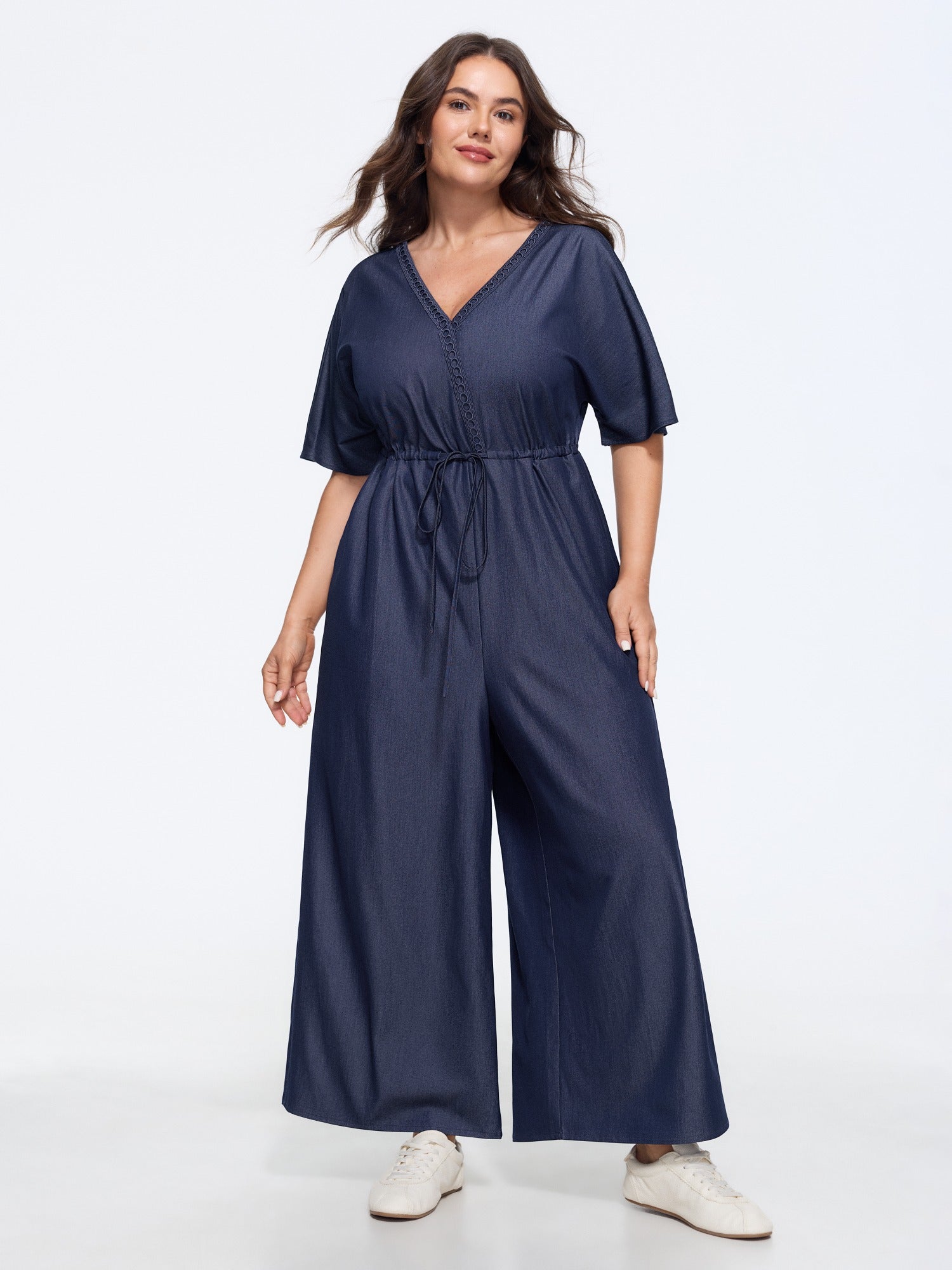 Supersoft Lace Trim Drawstring Waist Wide Leg Jumpsuit
