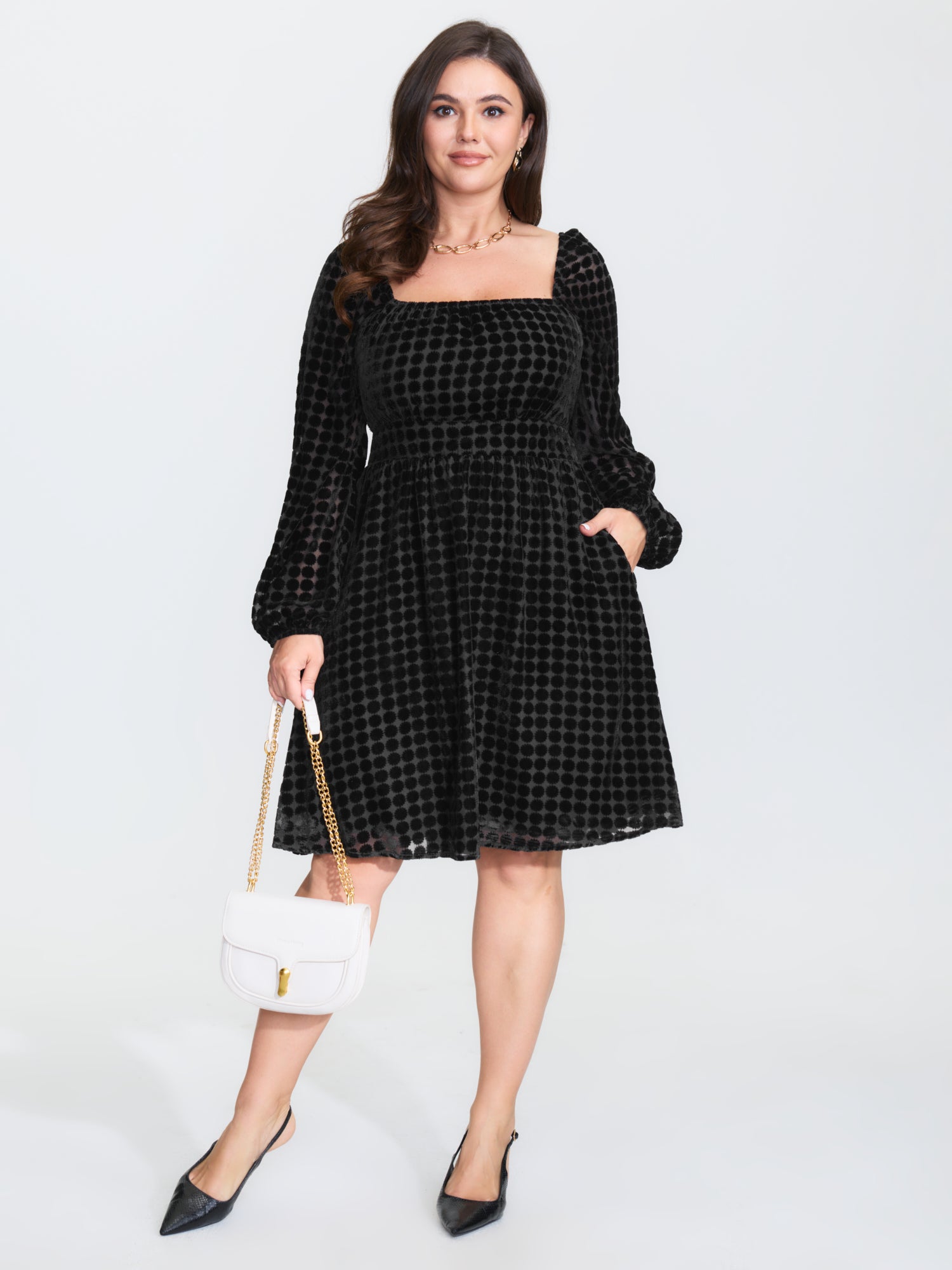 Velvet Dots Shirred Waist Midi Dress