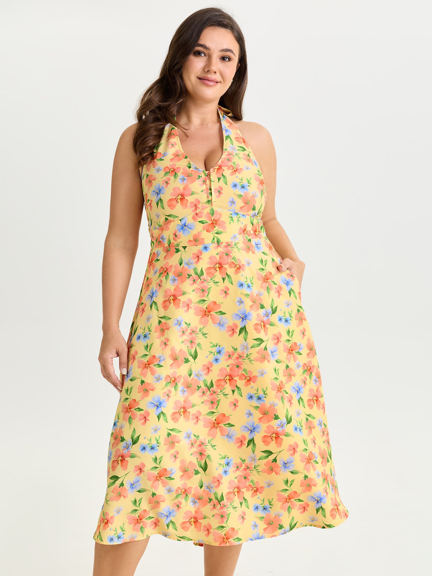 Floral Print Halter Neck Sleeveless Midi Dress