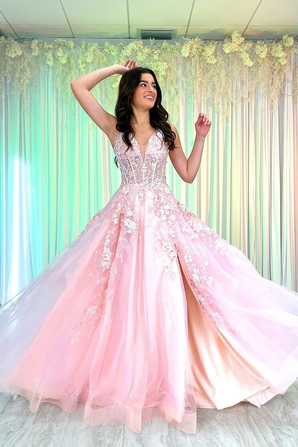 Long Corset Prom Dress with Pink Spaghetti Straps and A-Line Applique Tulle