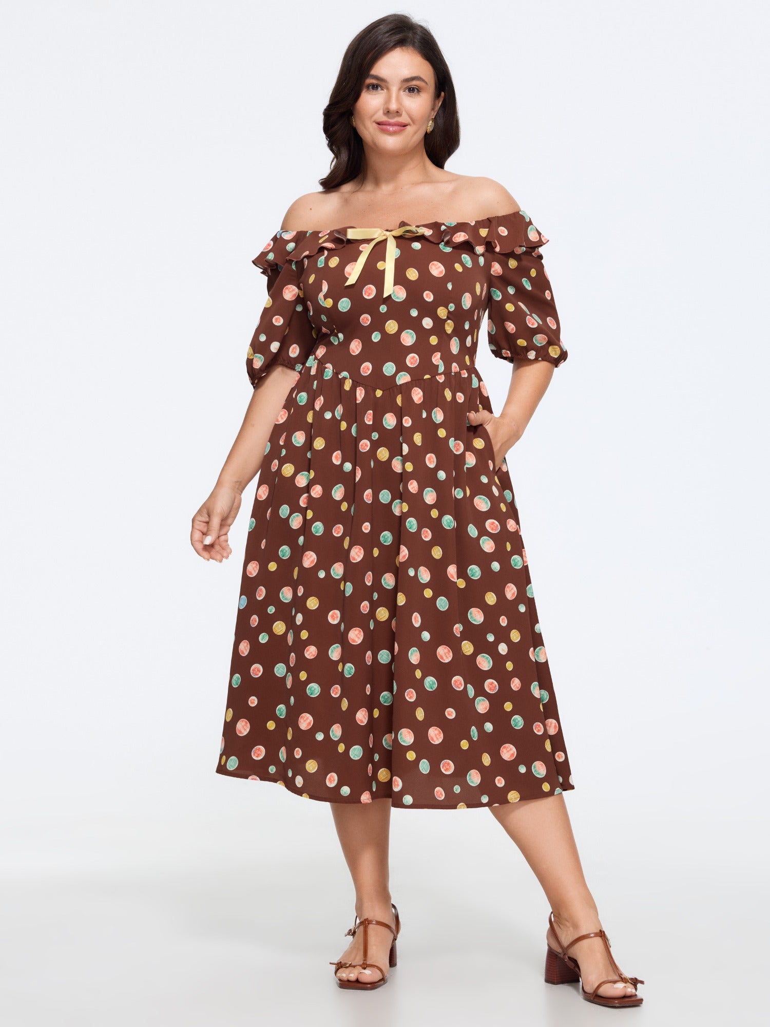 Polka Dot Off‑Shoulder Ruffle Bow Decor Midi Dress