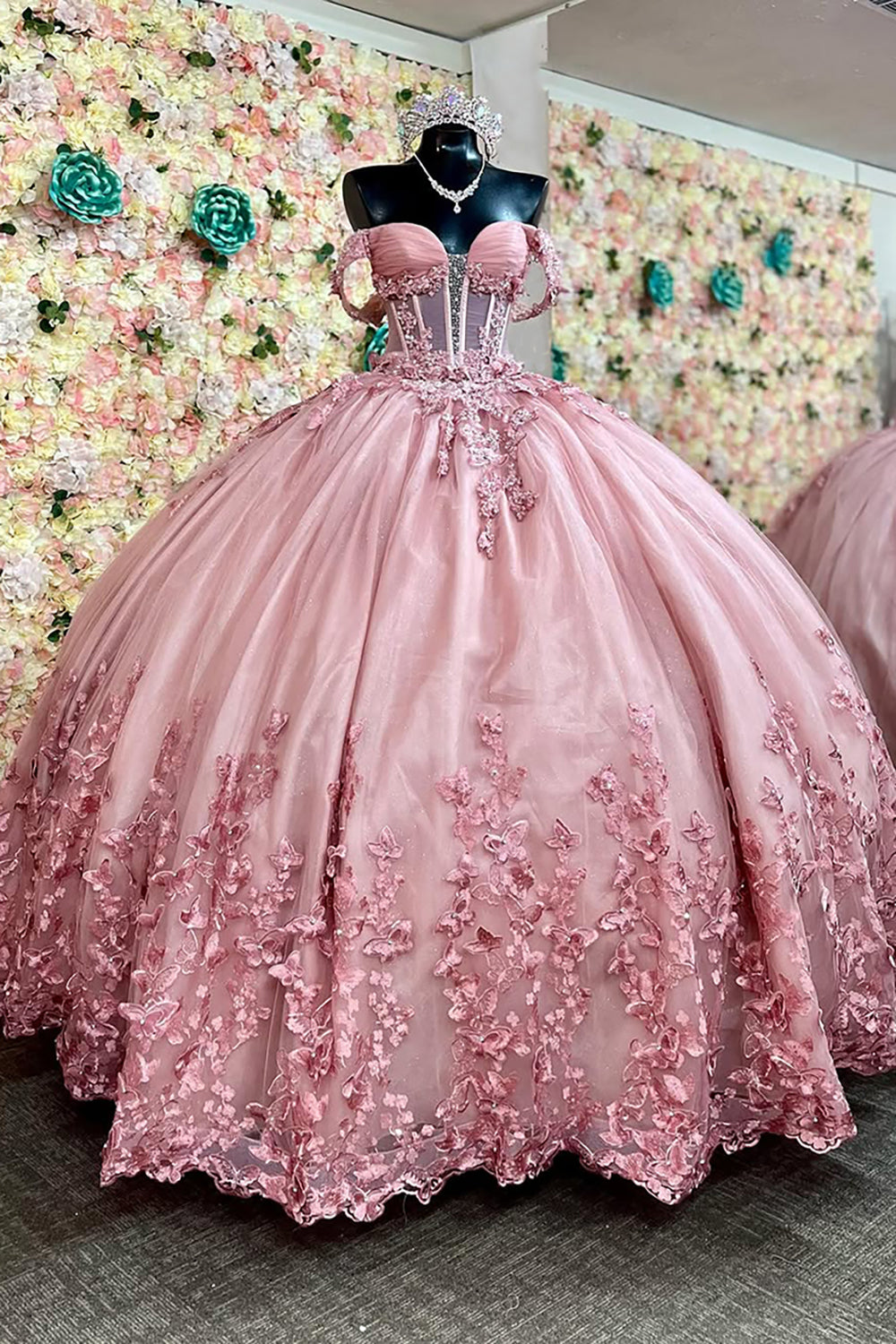 Princess Quinceanera Dress in Dusty Rose with Off-the-Shoulder Tulle and Appliques