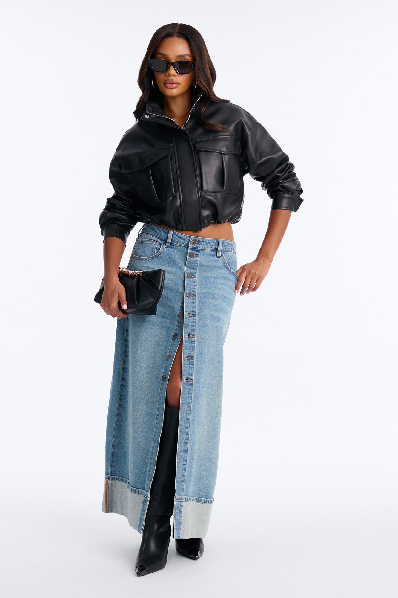 Loulou Mid Rise Denim Cuffed Hem Ankle Maxi Skirt - Vintage Wash