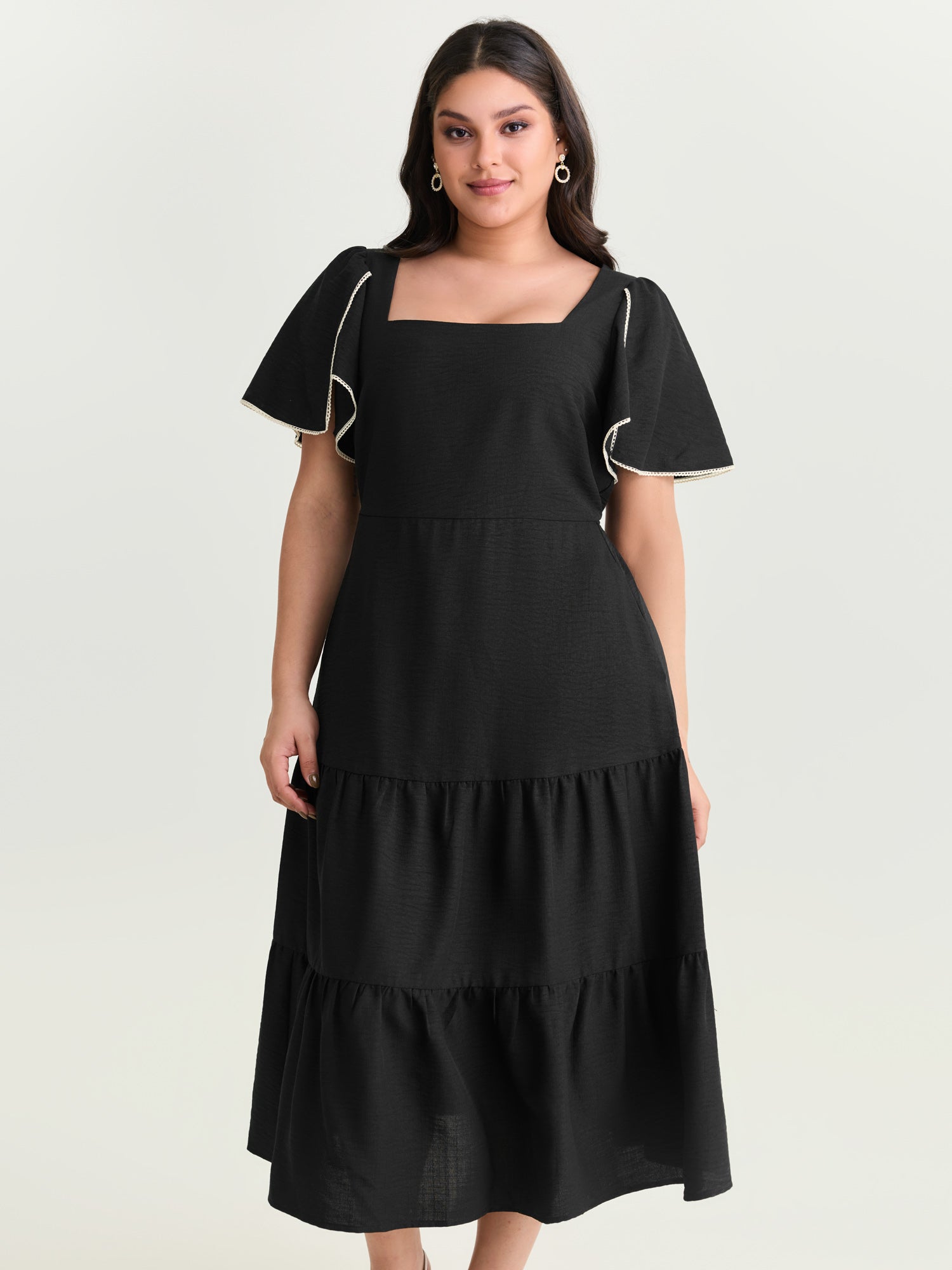 Color Contrast Petal Sleeve Maxi Dress