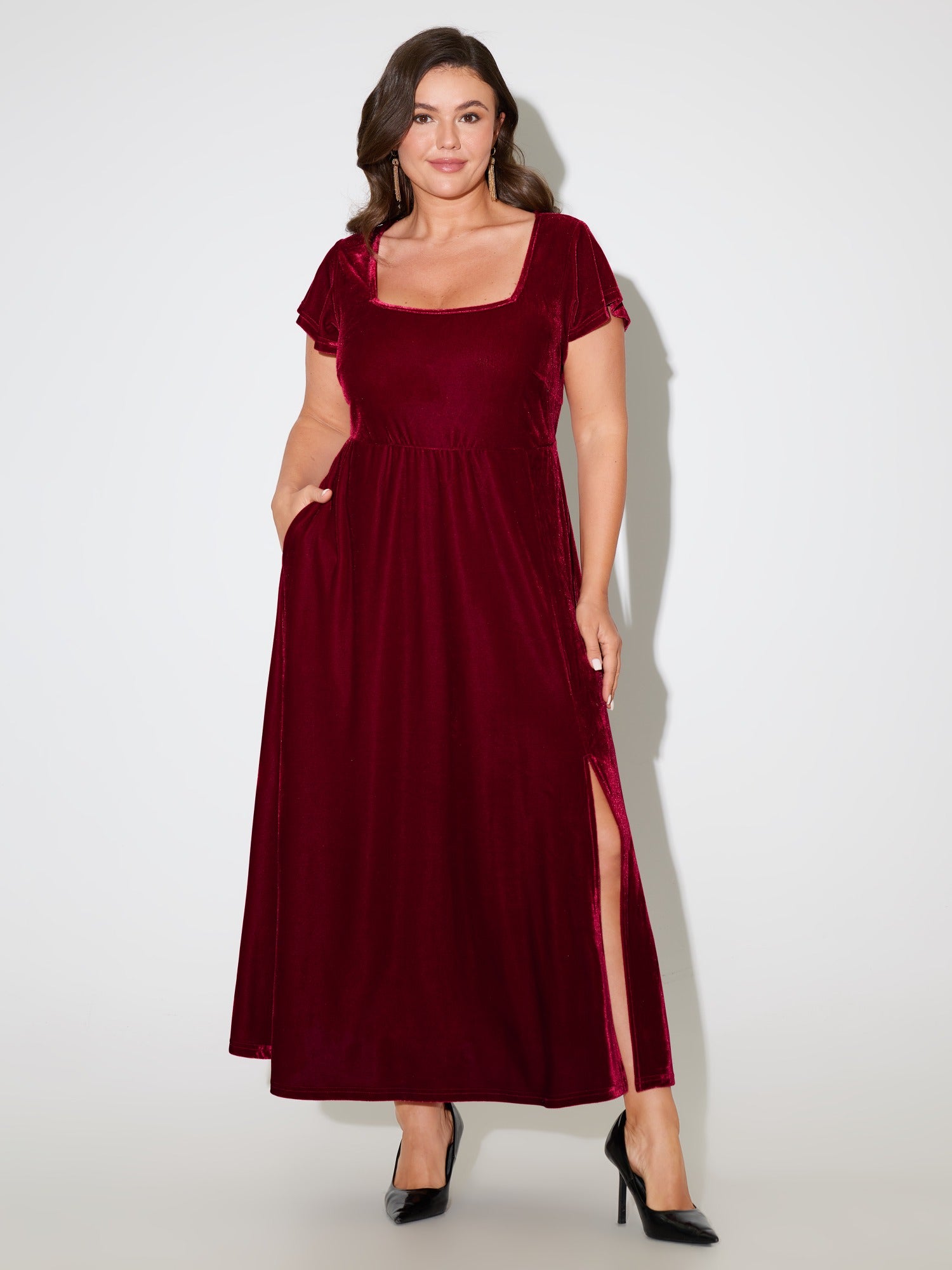 Velvet Square Neck Side Slit Maxi Dress