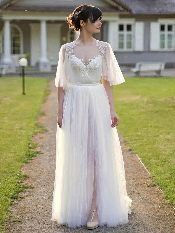 Glamorous Half Sleeves V-Neck Tulle Floor-Length Wedding Dresses with Split