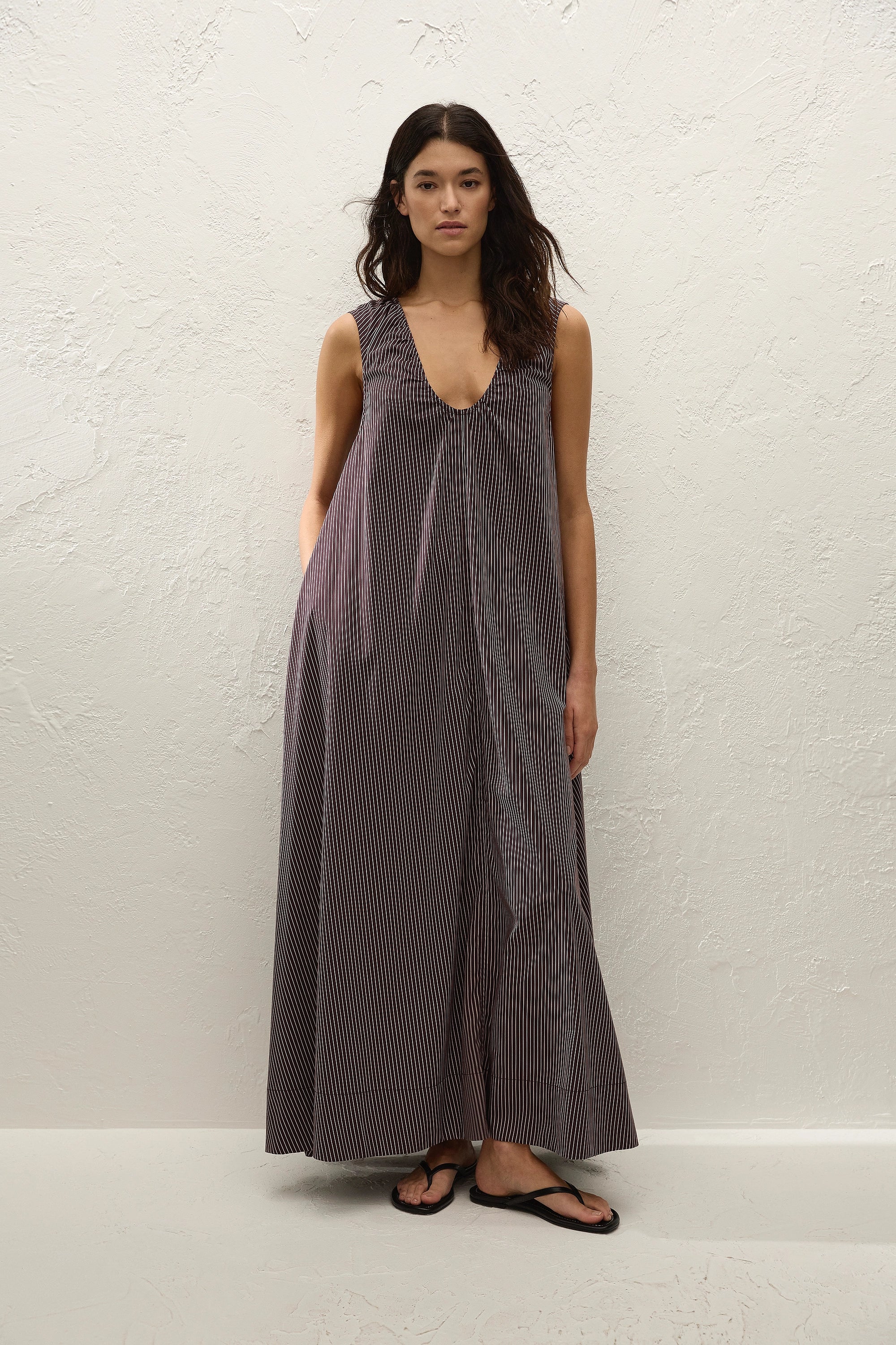 Pedrera Maxi Dress Rocio Pinstripe Chocolate Plum - Final Sale