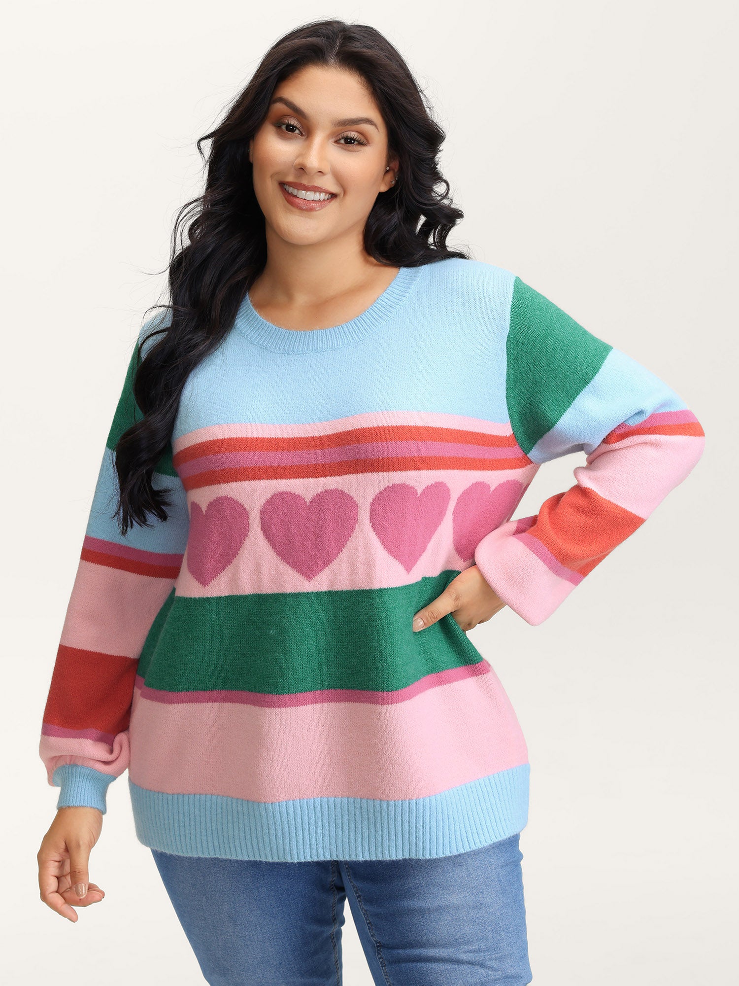 Heart Striped Print Jacquard Colorful Pullover