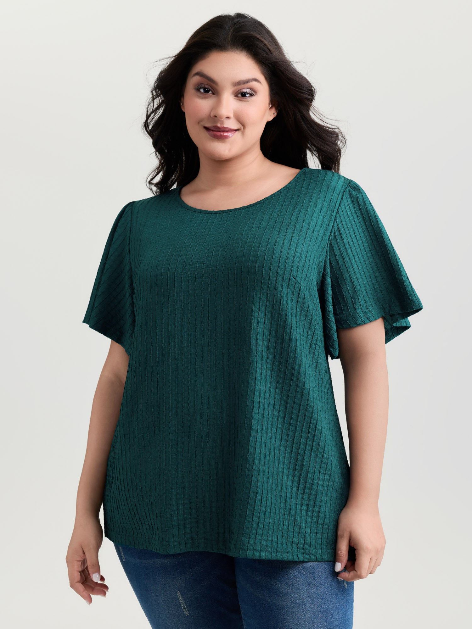 Textured Flared Sleeve Round Neck Knit Top