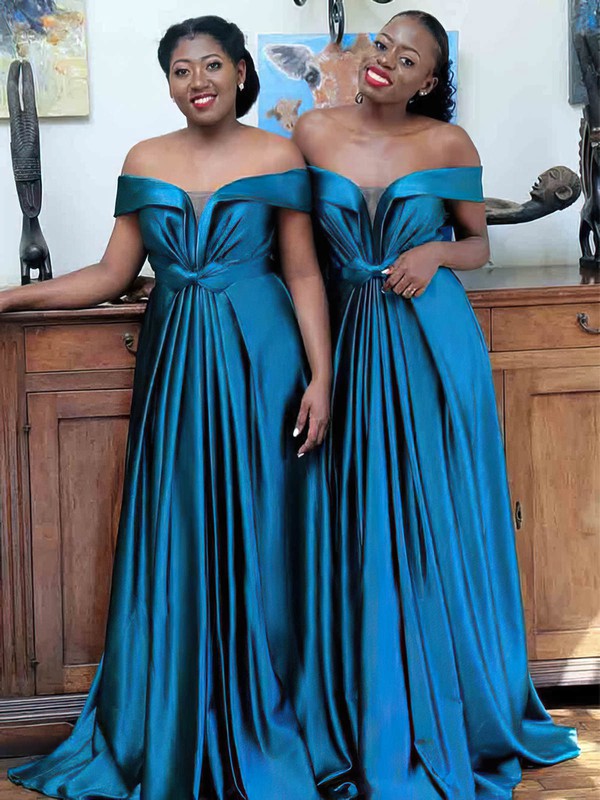 Sexy Off-The-Shoulder V-Neck A-Line Satin Sweep Train Bridesmaid Dresses
