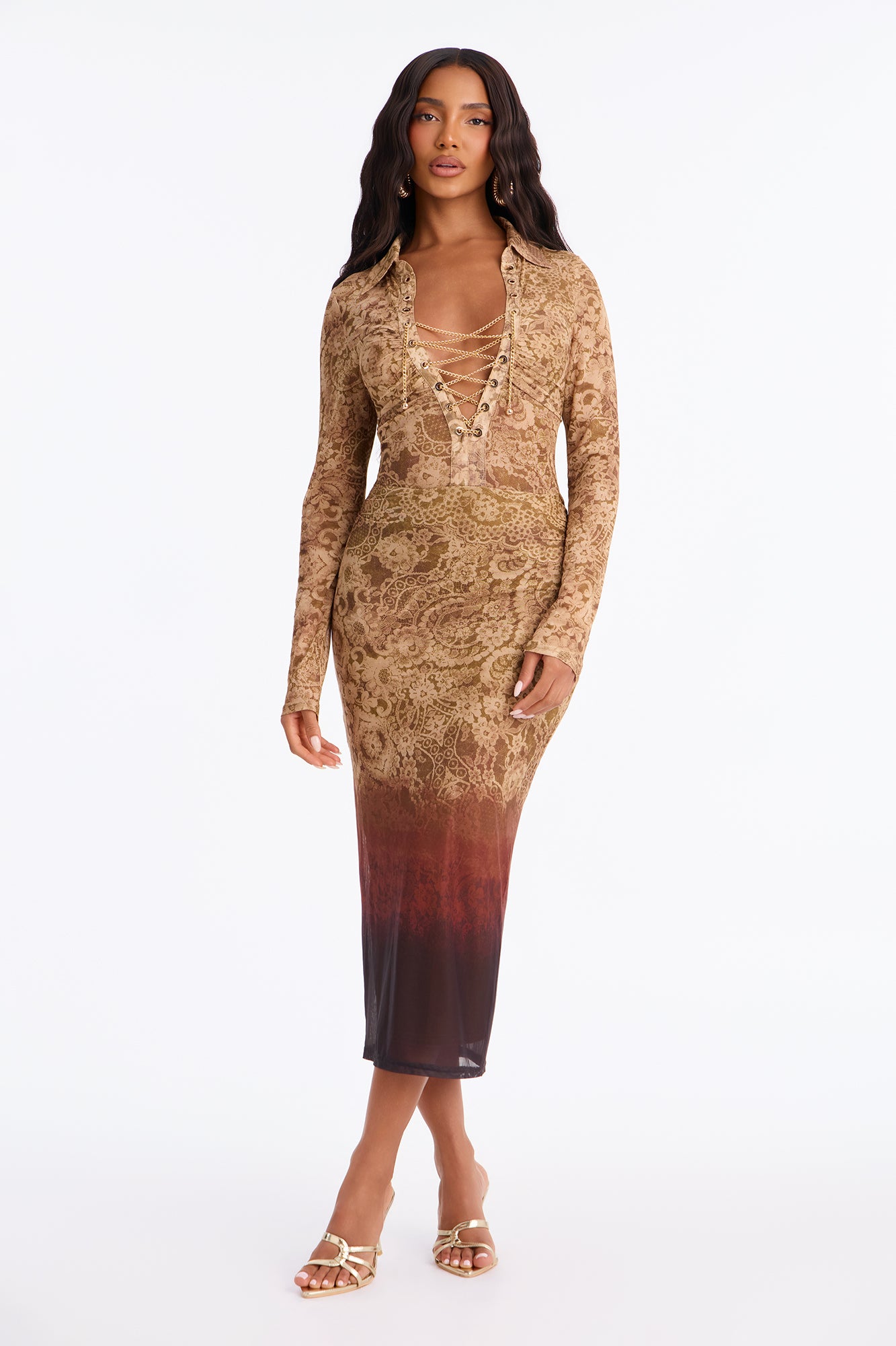 Lace Looks Print Deep V Midi Dress - Brown Combo