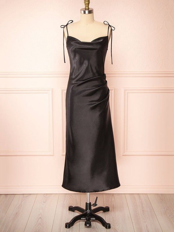 Classic Column Cowl Neck Satin Tea-Length Bridesmaid Dresses
