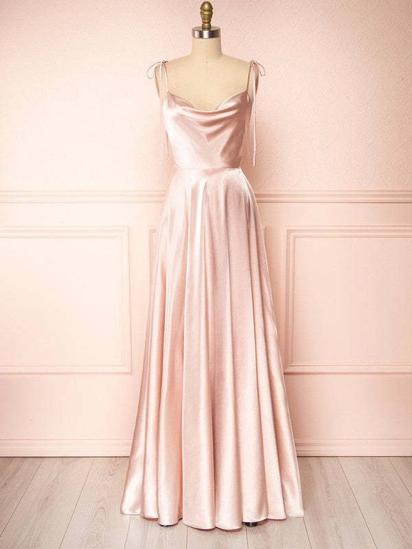 Gorgeous A-Line Sweep Train Cowl Neck Spaghetti Straps Satin Bridesmaid Dresses with Ruffles