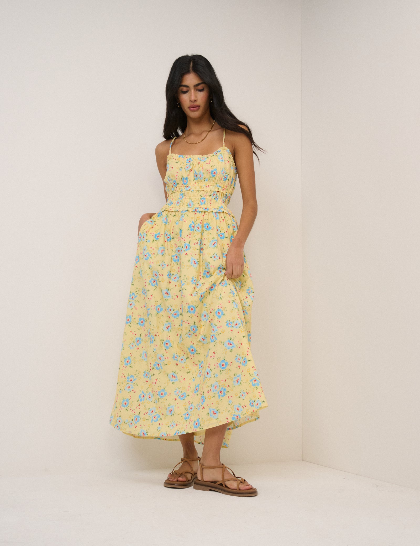 Butter Yellow Floral Shirred Waist Alina Midi Dress