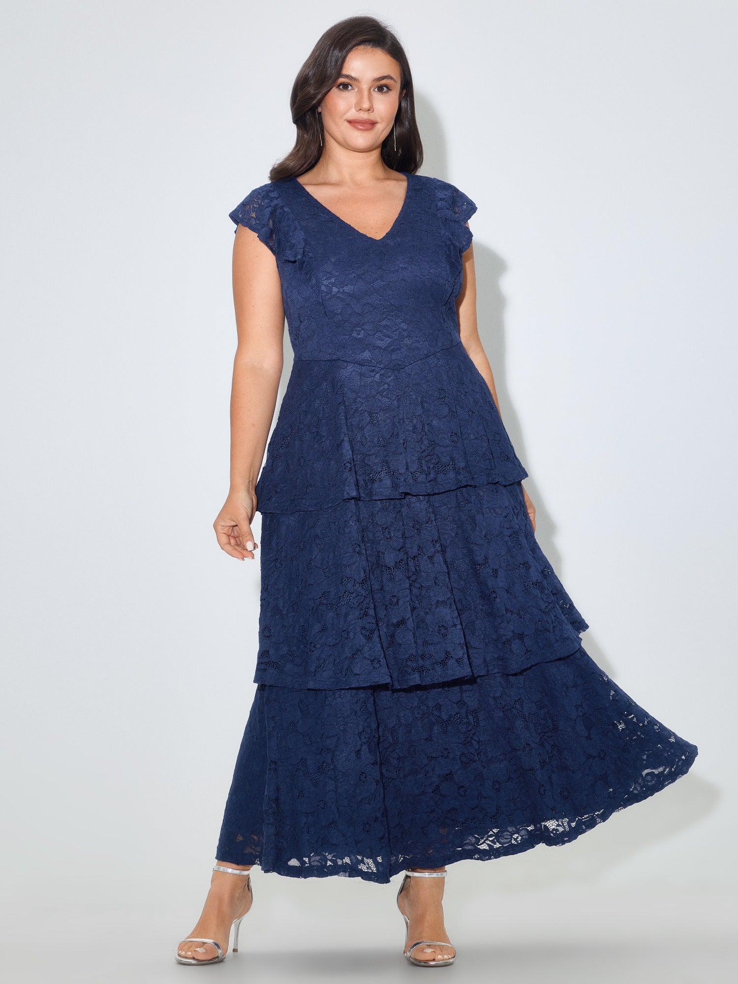 Lace Mesh Flutter Sleeve Ruffle Layered Maxi Dress