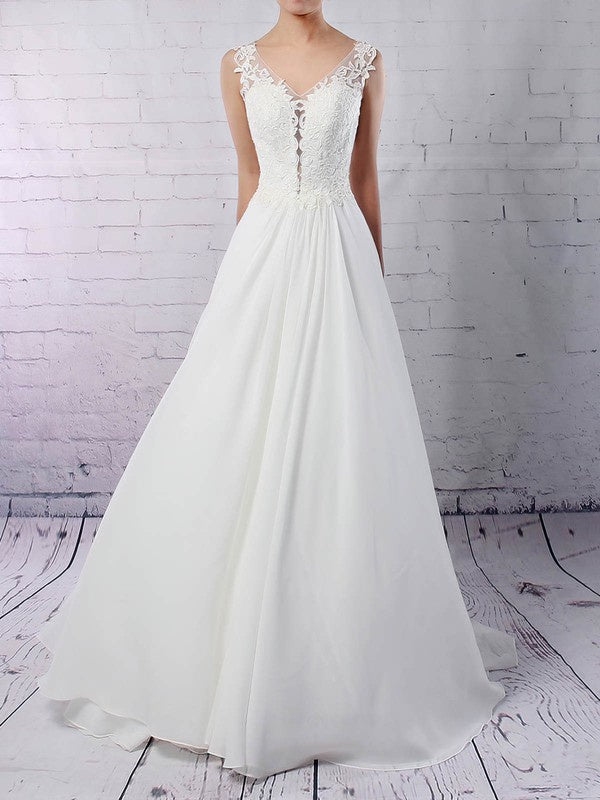 Gorgeous A-Line V-Neck Sleeveless Lace Chiffon Court Train Wedding Dresses with Appliques