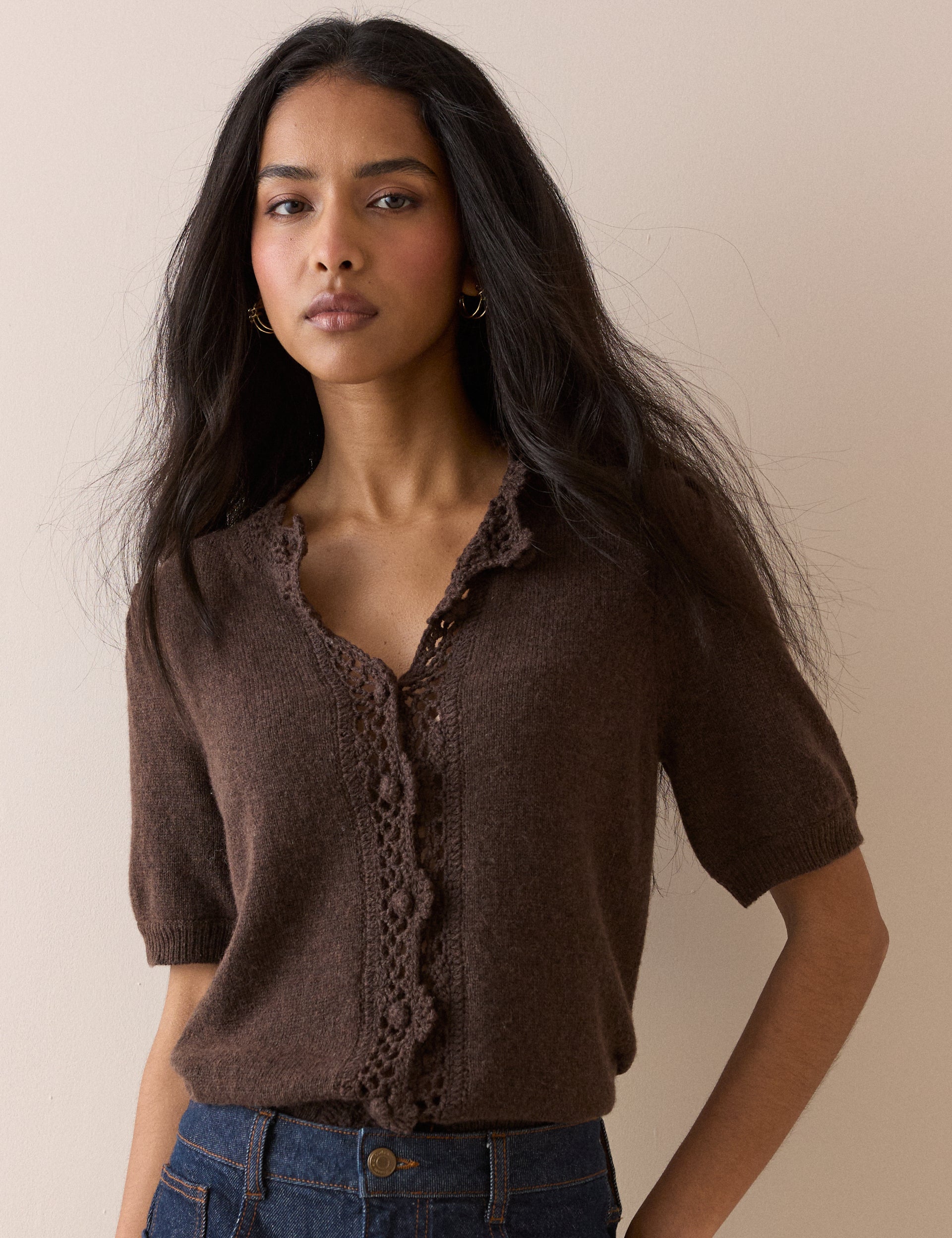 Chocolate Brown Wool-Blend Crochet Trim Cardigan