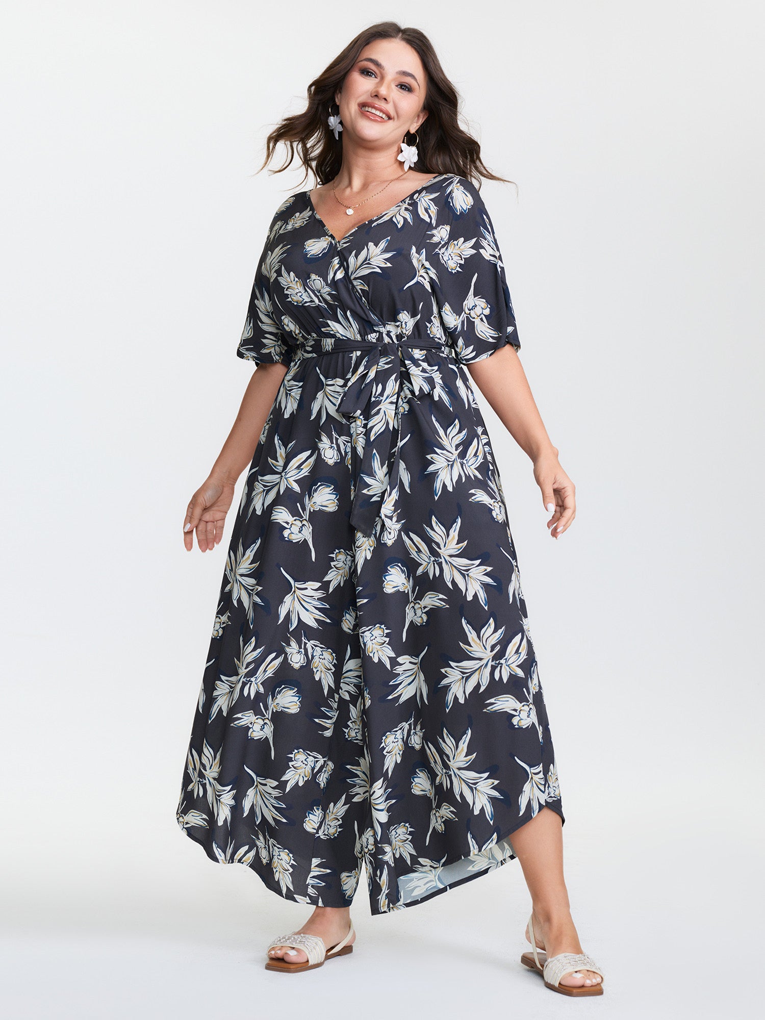 Monochrome Floral Belted Surplice Jumpsuit