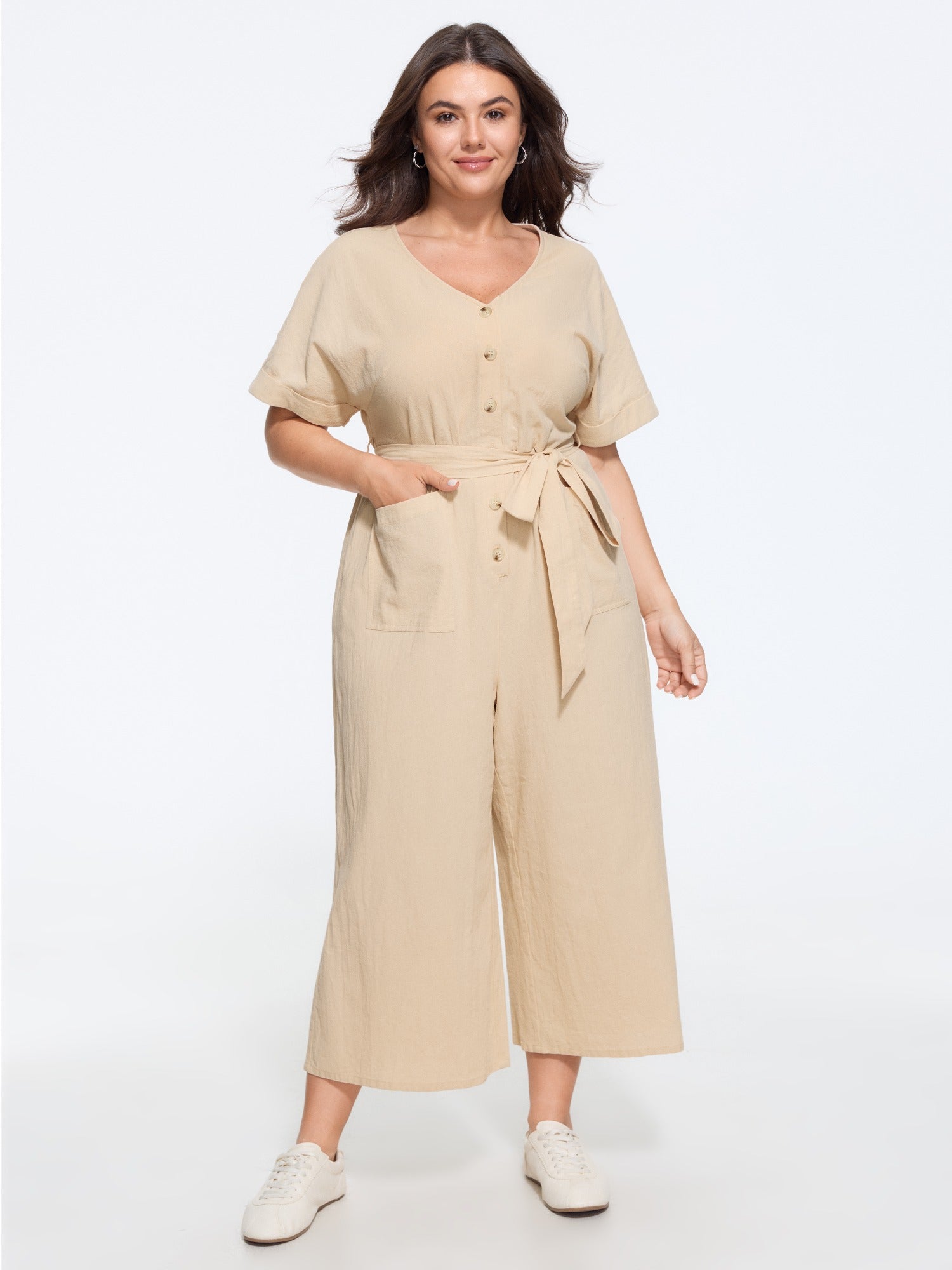 Cotton V Neck Button Waist Tie Wide Leg Jumpsuit