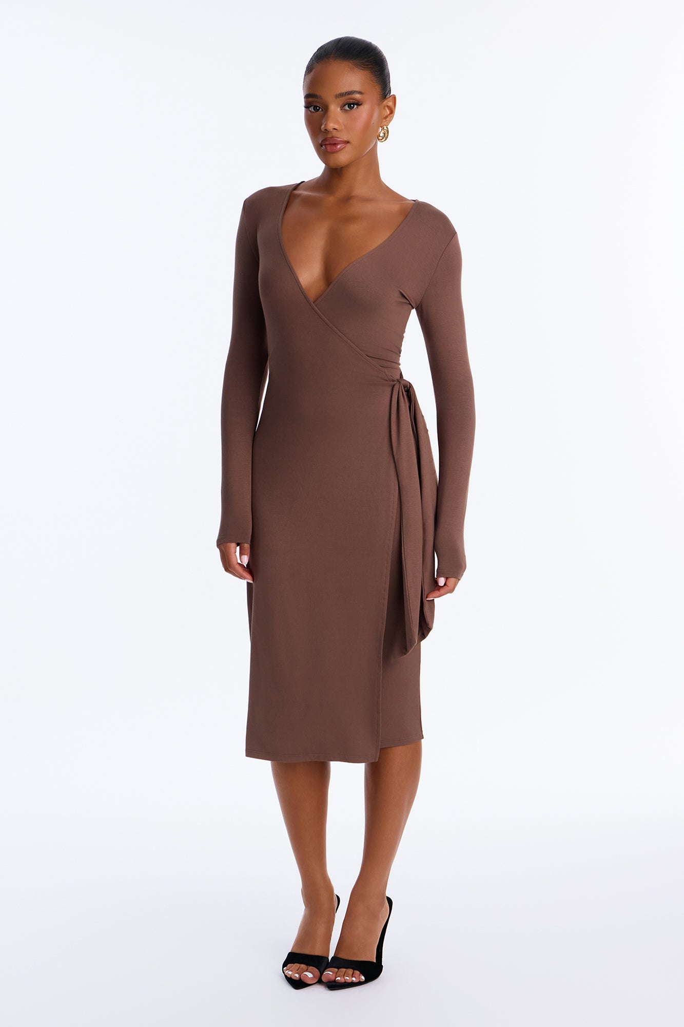From Yours Truly Wrap Waist Midi Dress - Chocolate