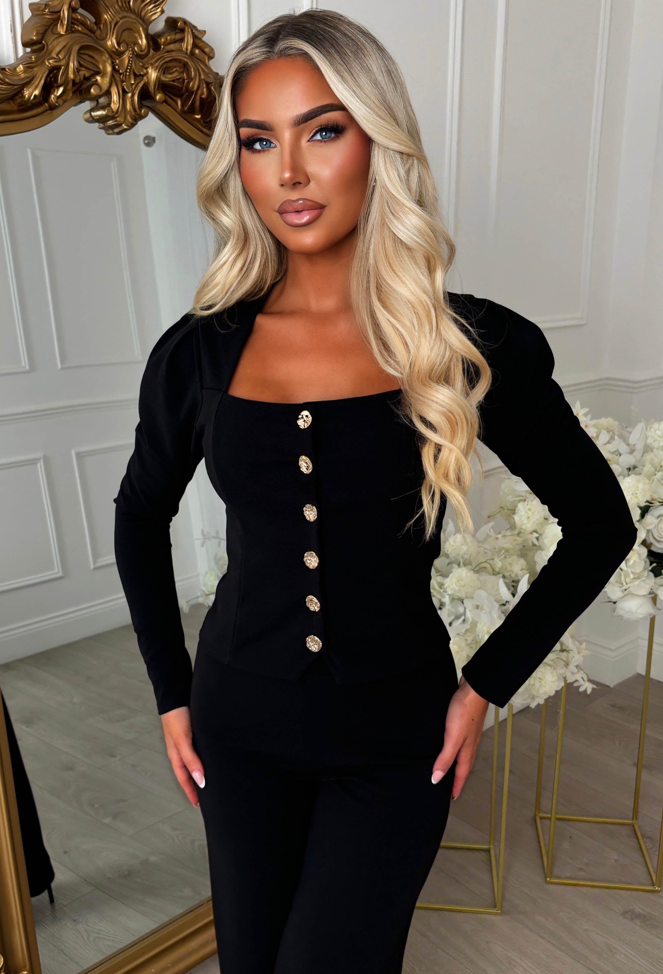 First Kiss Black Gold Button Detail Scuba Top