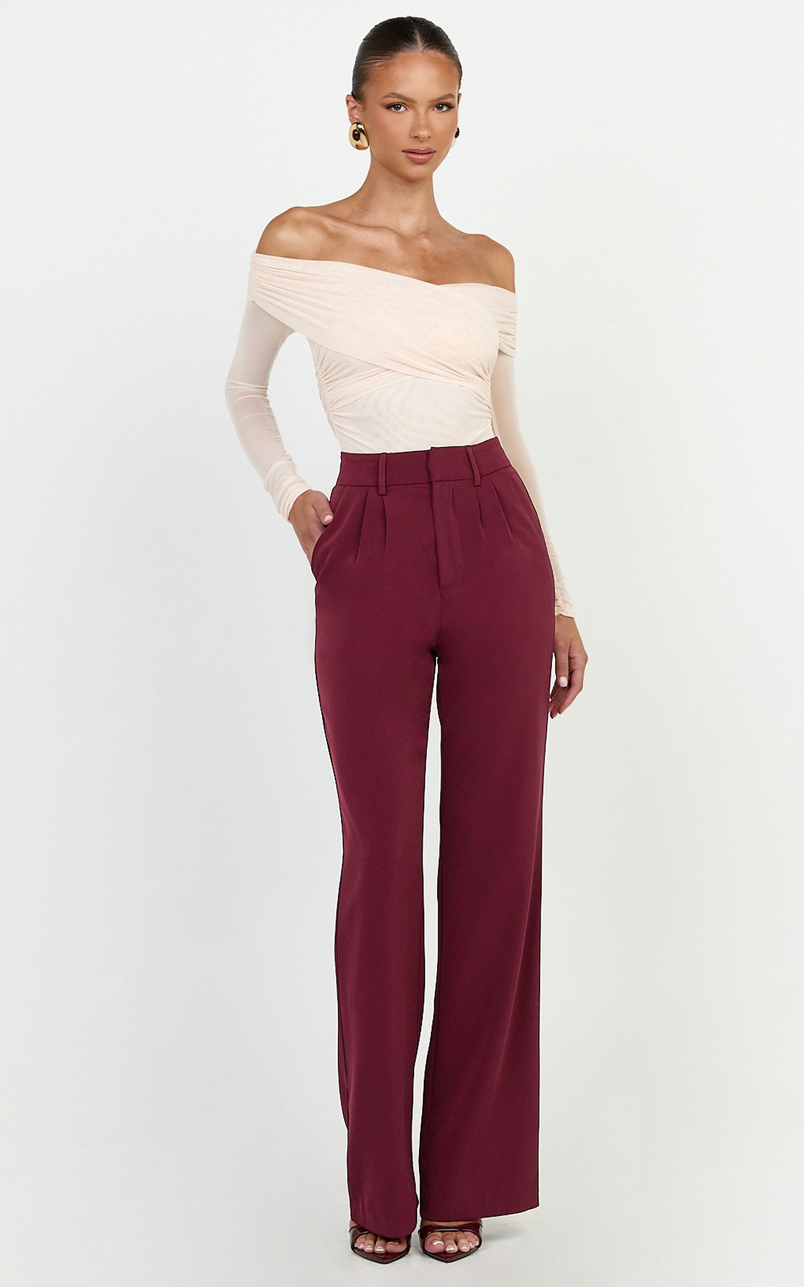 Melissa Pants - Pleat Front Wide Leg Tailored Pants in Wine