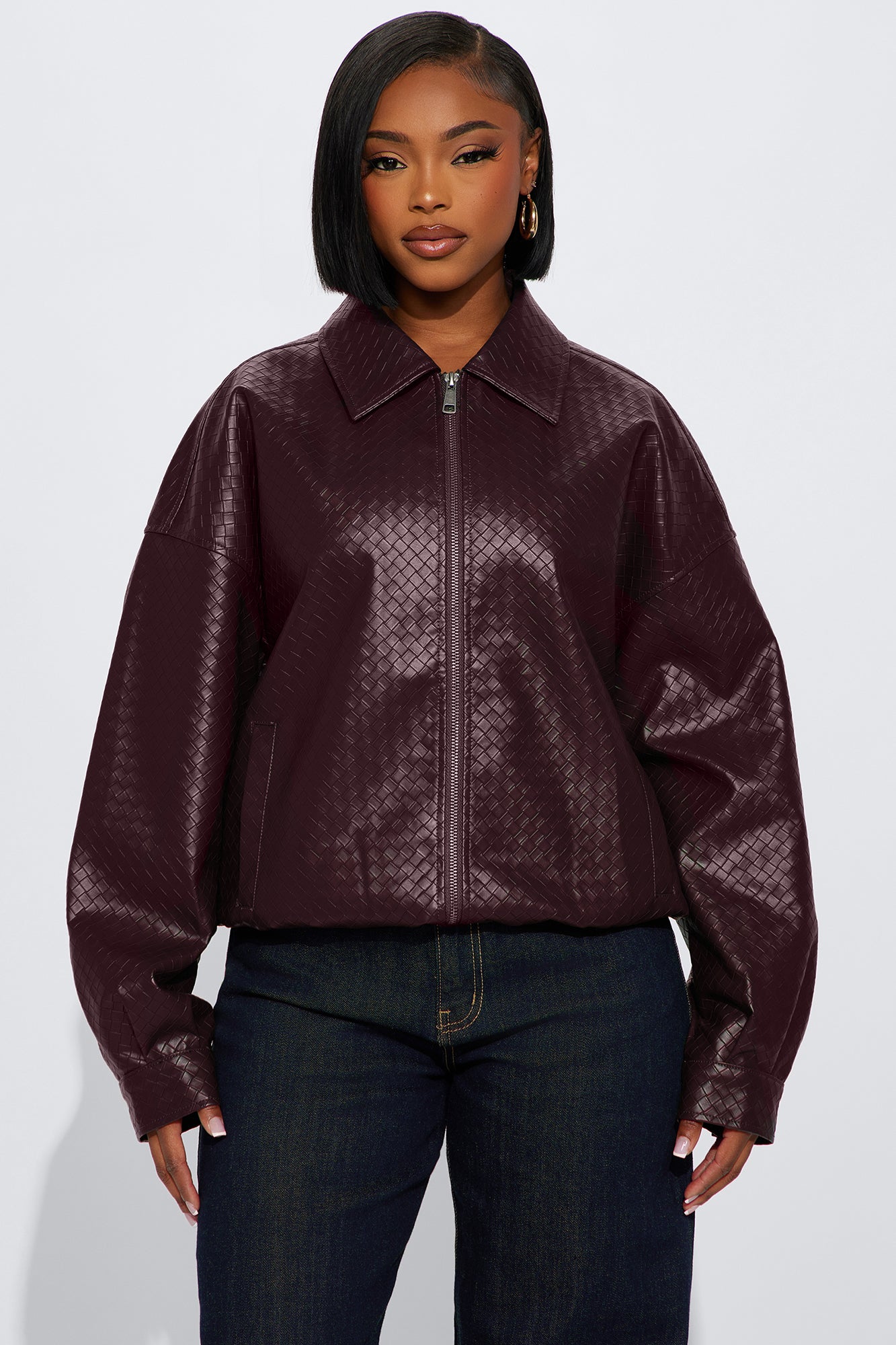 Lea Woven Faux Leather Bomber Jacket - Burgundy