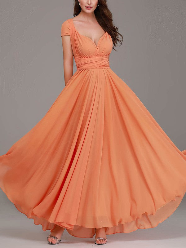 Beautiful A-Line V-Neck Short Sleeves Chiffon Ankle-Length Bridesmaid Dresses with Ruffles
