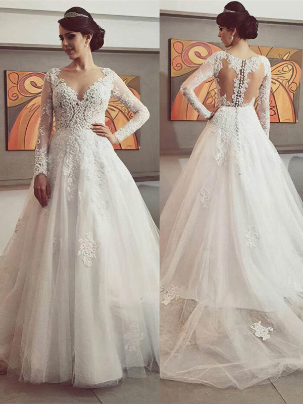 Exquisite Long Sleeves V-Neck Lace Wedding Dresses with Sweep Train