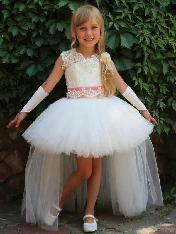 Exquisite Ball Gown Lace Tulle Asymmetrical Flower Girl Dresses with Beads