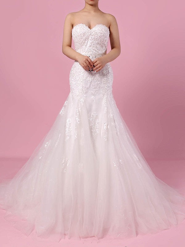 Beautiful Sweetheart Strapless Trumpet Lace Tulle Sweep Train Wedding Dresses