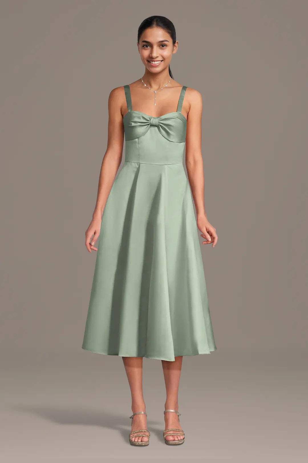 Satin Bow Neck Spaghetti Strap Midi Dress