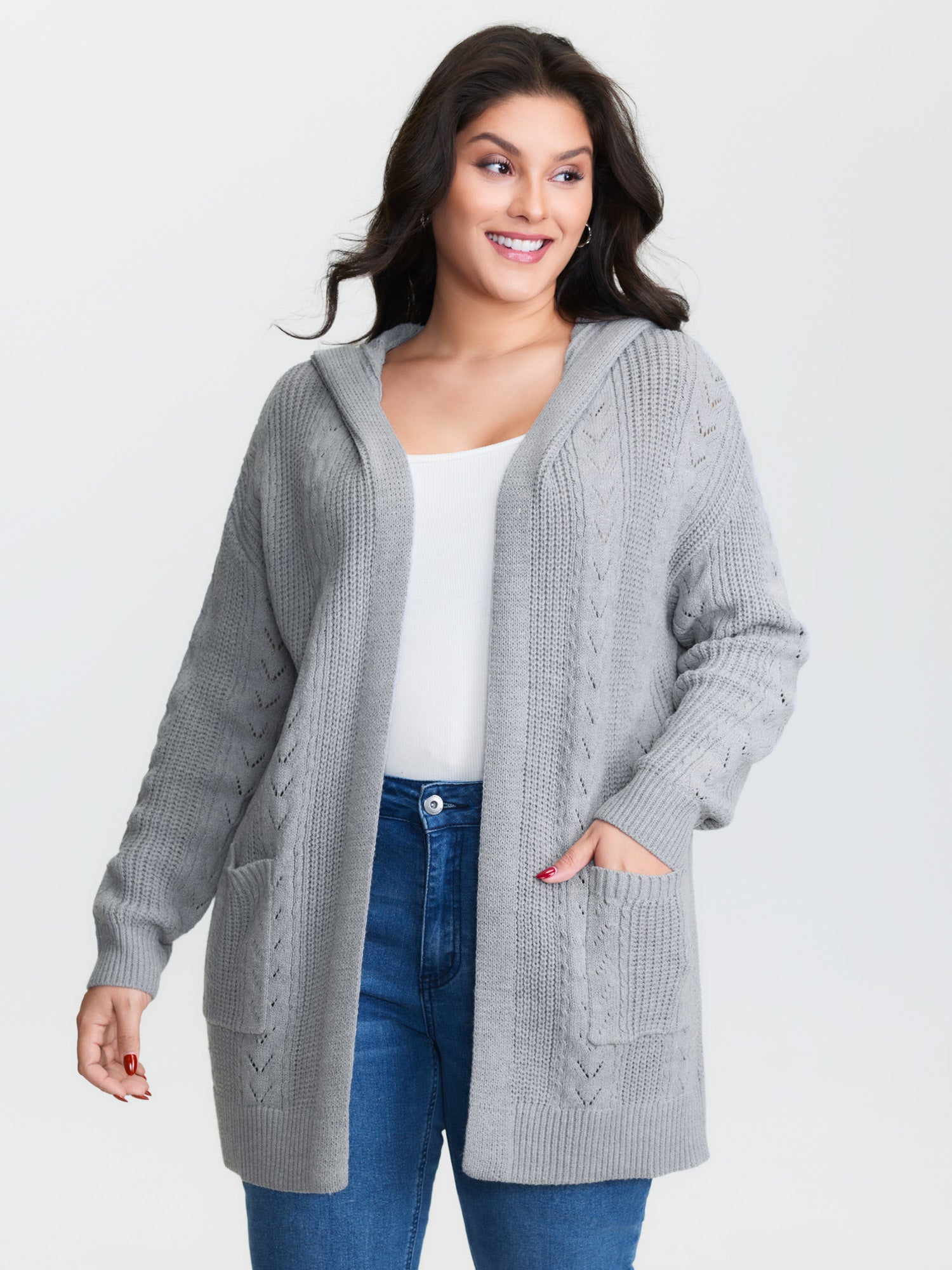 Textured Hooded Pockets Knit Cardigan