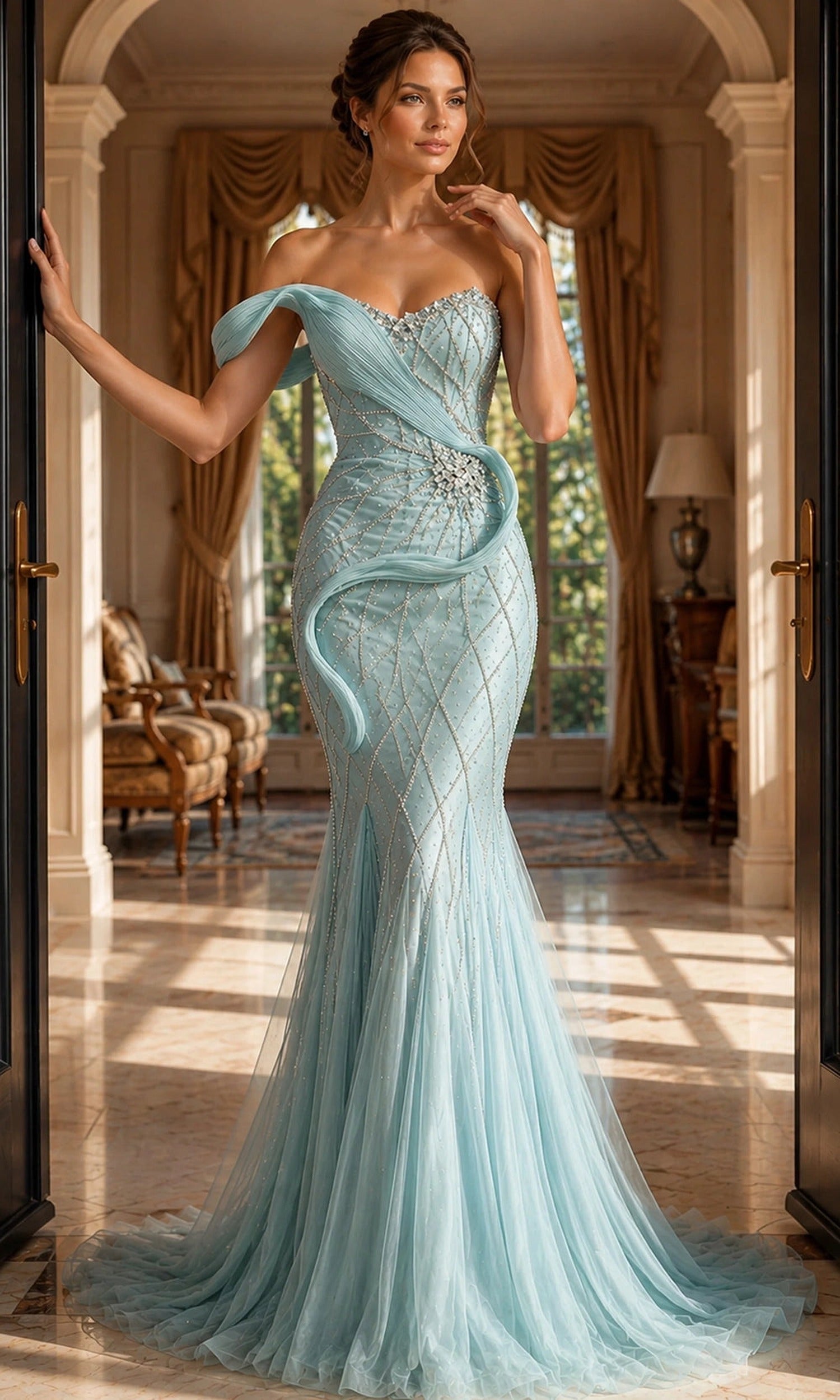 Jovani 50206 - Crystal Draped Off Shoulder Gown