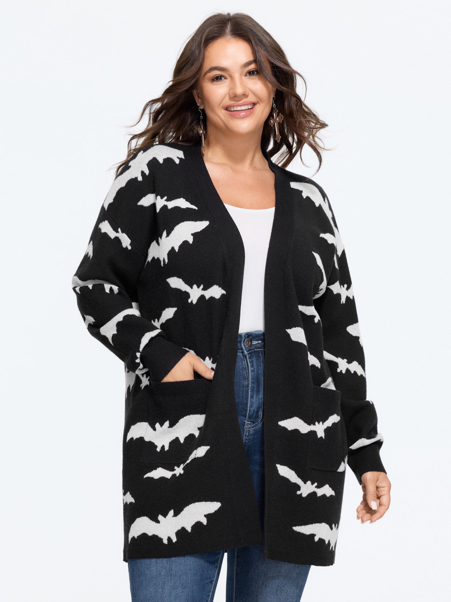 Supersoft Bat Jacquard Pocket Open‑Front Cardigan