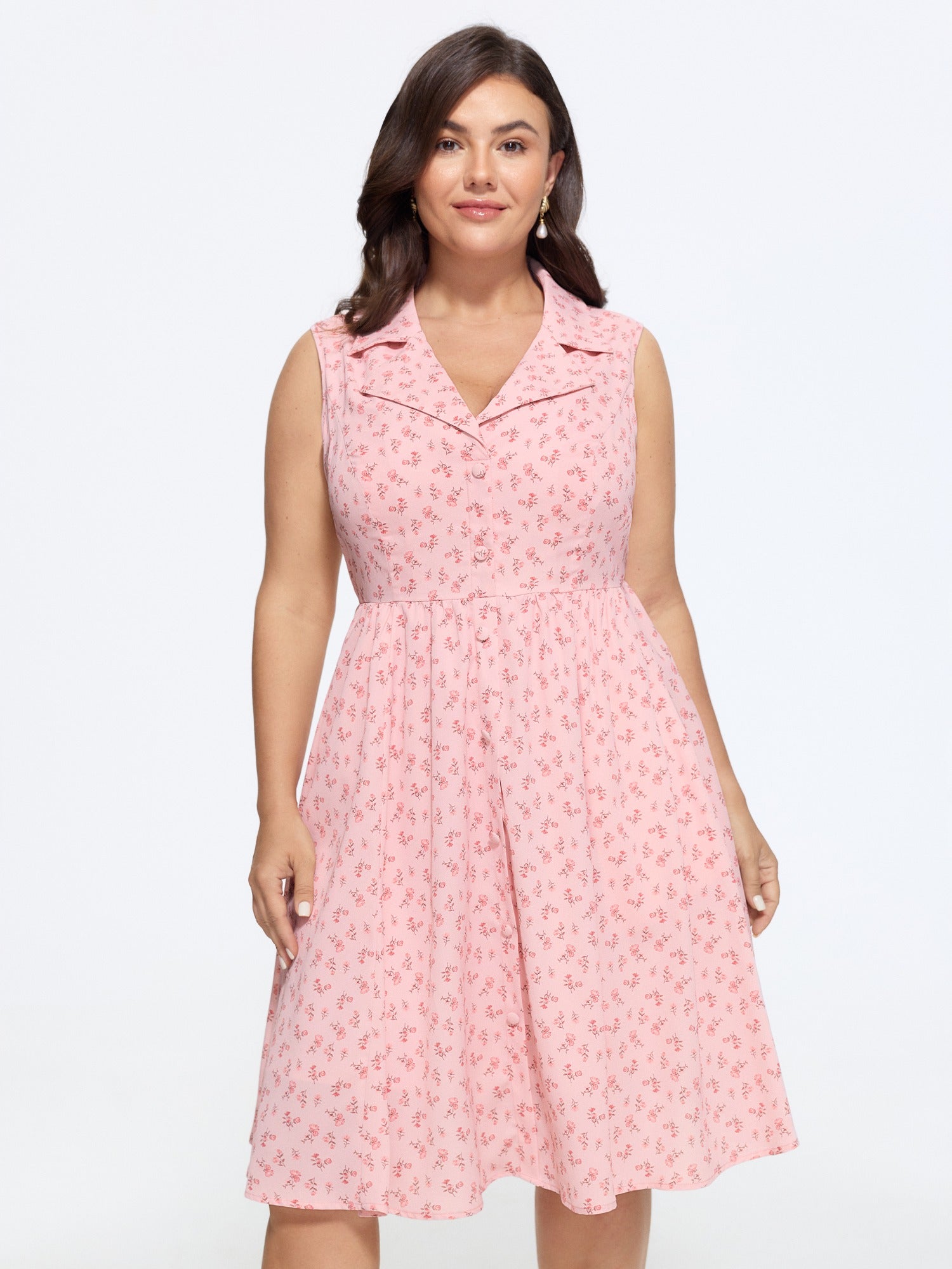 Ditsy Floral Print Button Down Sleeveless Midi Dress