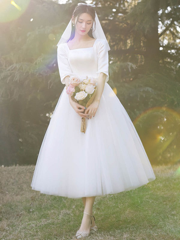 Fabulous Square Neck Tea-Length Half Sleeves Ball Gown Wedding Dresses