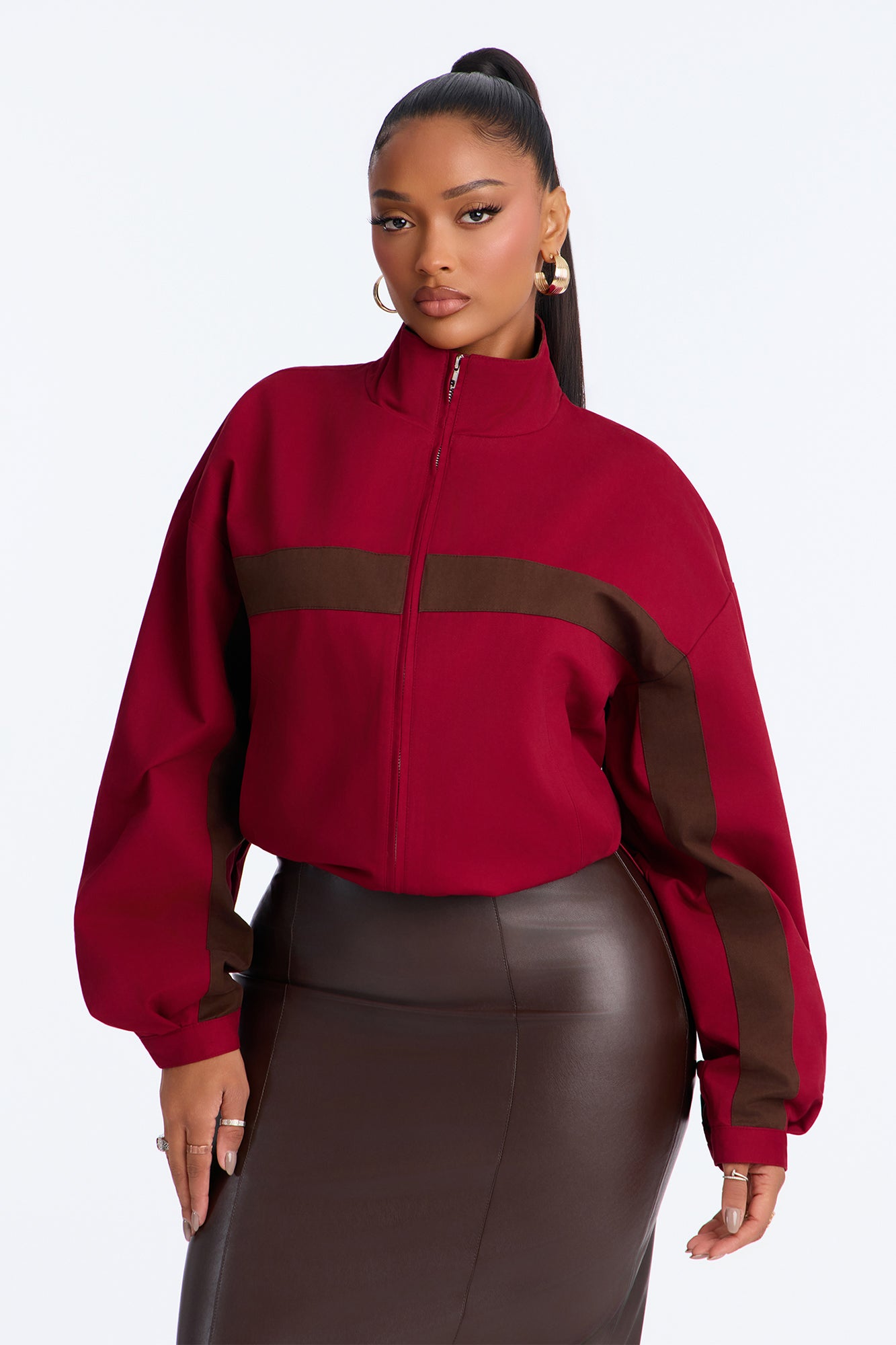 Feeling Fresh Twill Funnel Neck Zip Jacket - Red/combo