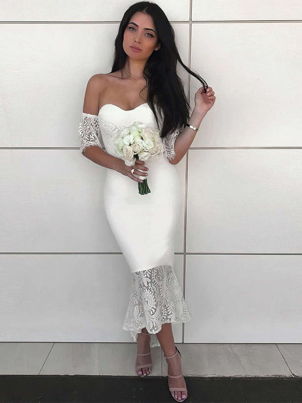 Deluxe Asymmetrical Off-The-Shoulder Sweetheart Sheath Lace Bridesmaid Dresses