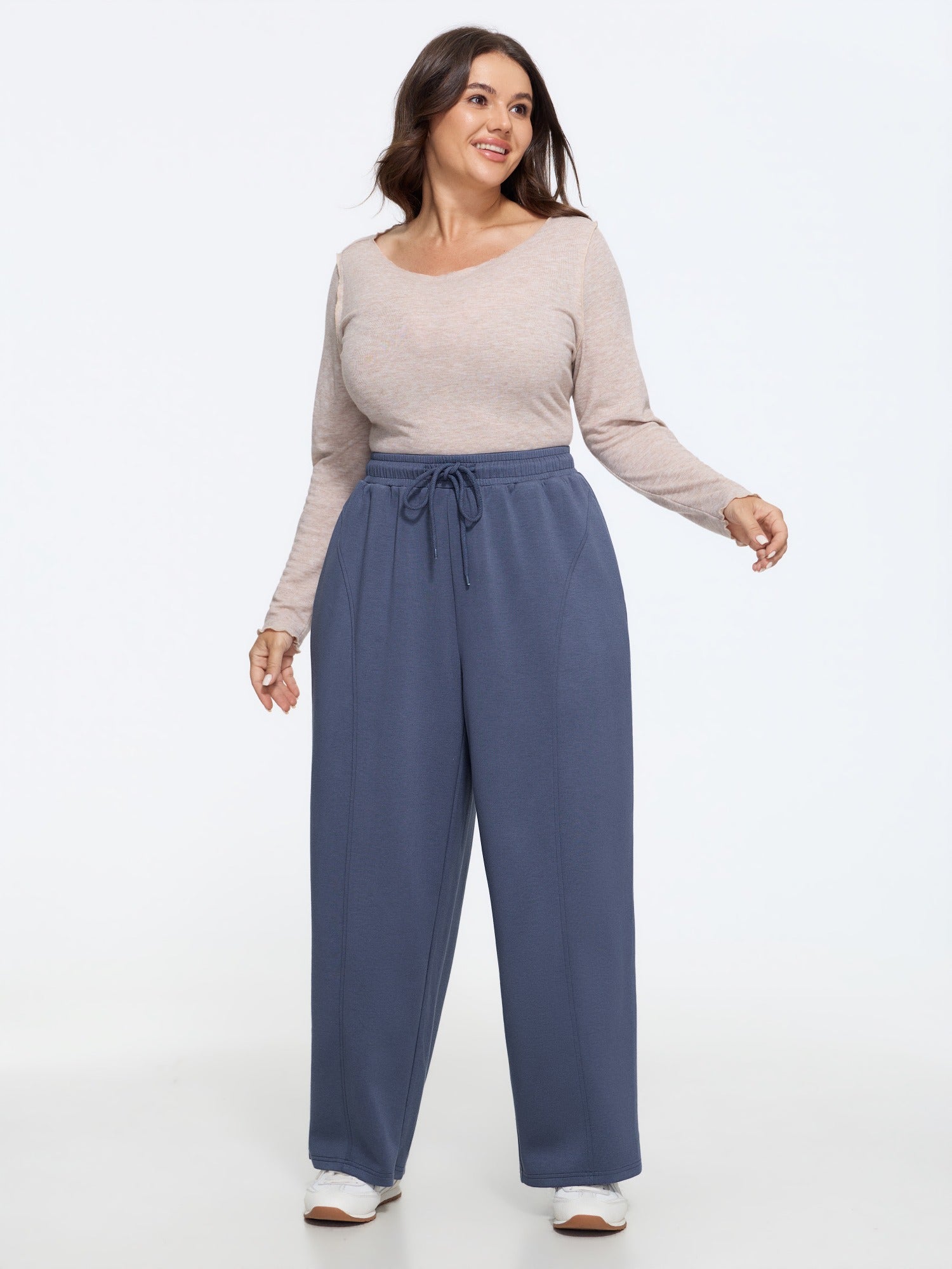Stretch Drawstring Waist Stitch Detail Wide Leg Pants