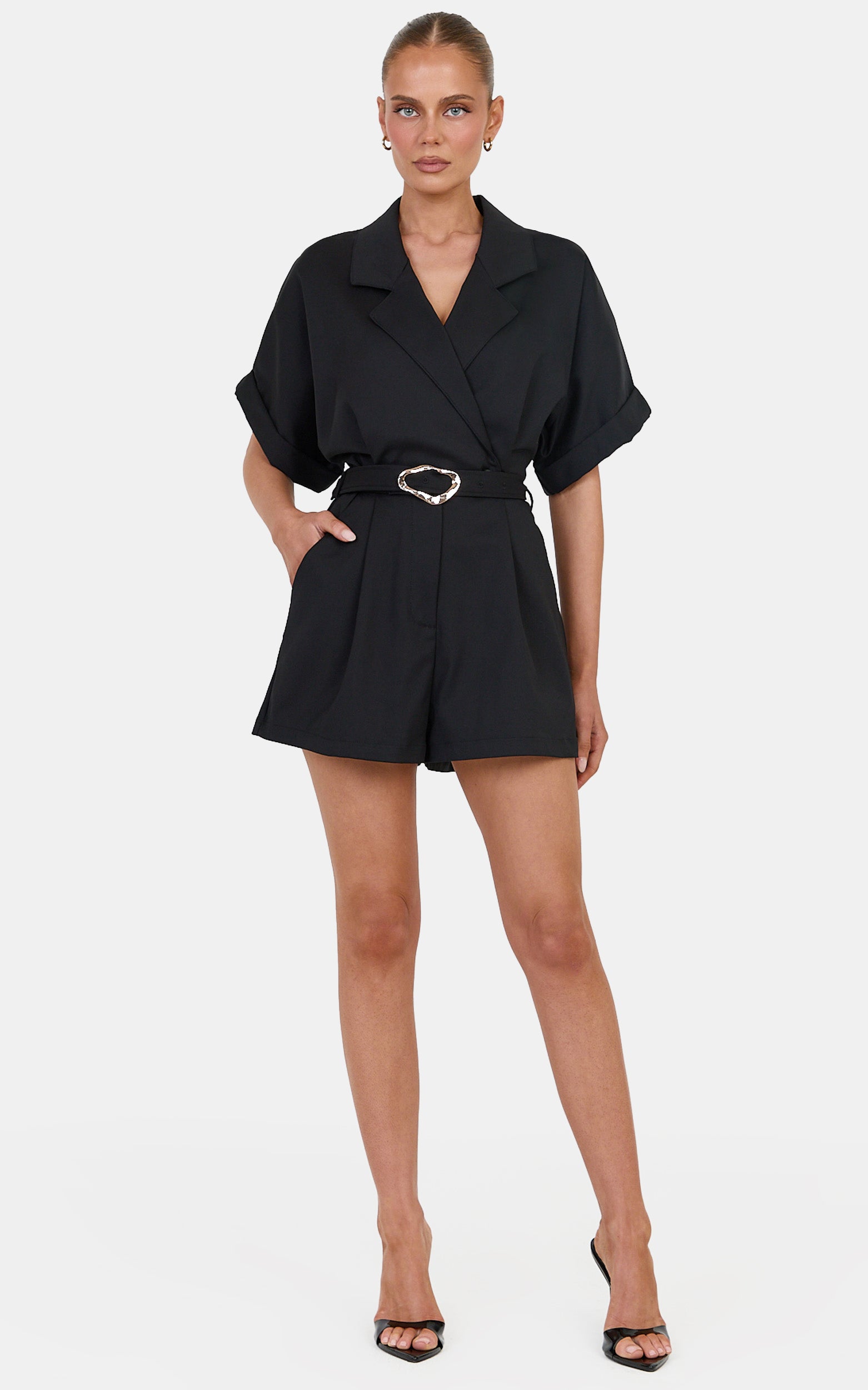 Bella Playsuit - Cotton Blend Short Sleeve Statement Buckle Belted Playsuit in Black