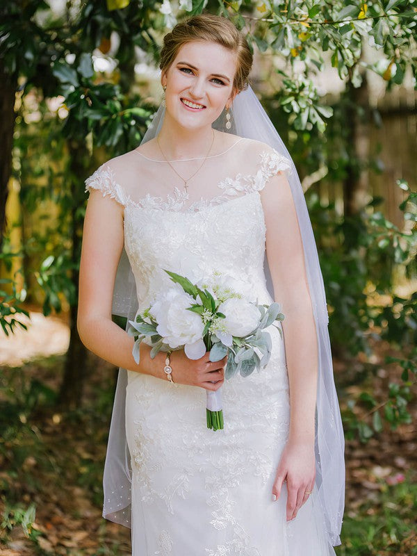 Elegant Sheath Cap Sleeves Crew Neck Tulle Lace Wedding Dresses